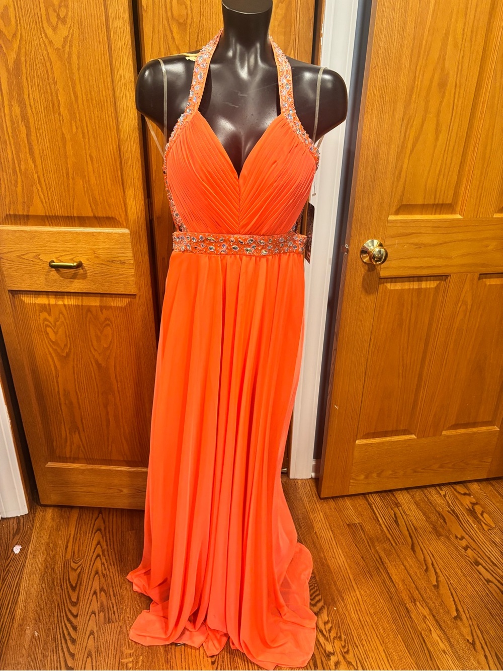 Sequin Hearts Neon Orange Halter Maxi Gown with Jeweled Waistband